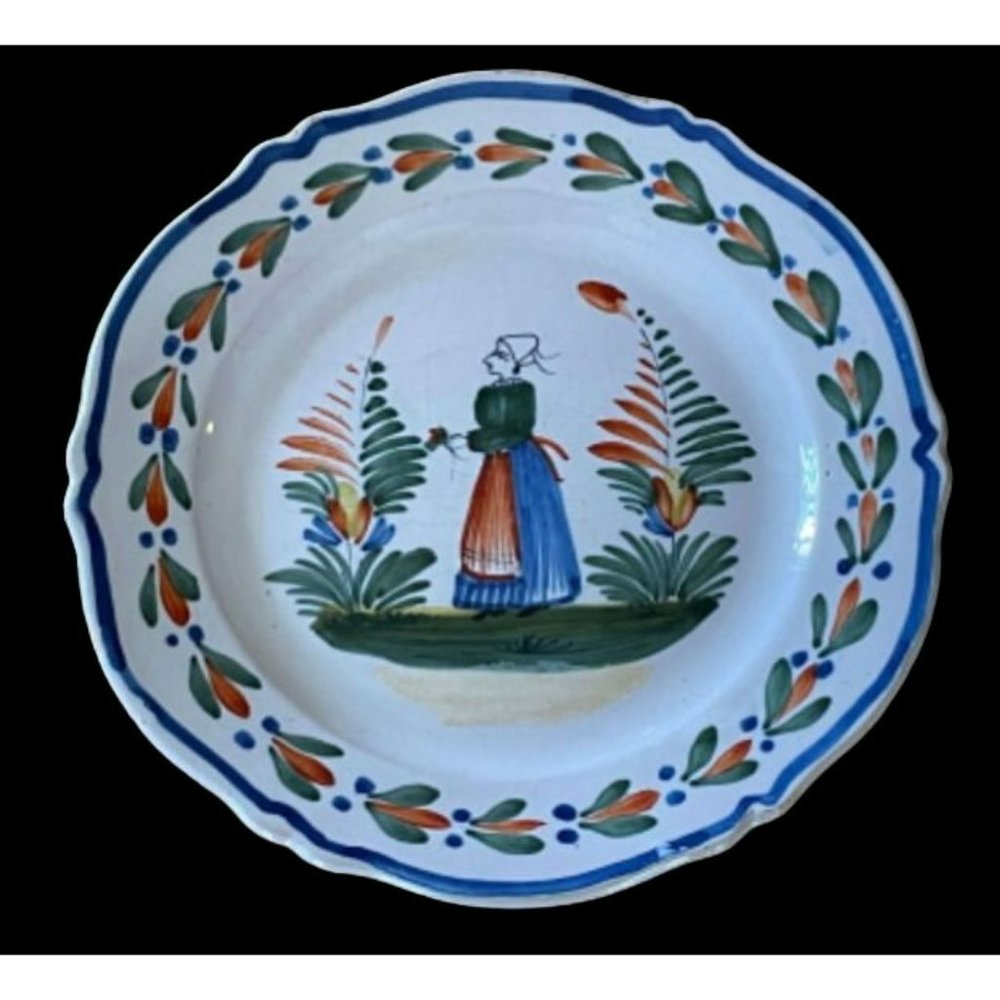 1940s French Faience Henriot Quimper Woman 8 inch Scalloped Plate